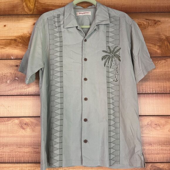 Tommy Bahama 100% Silk Embroidered Palm Tree Hawaiian Shirt Medium‎ Short Sleeve - Picture 1 of 8